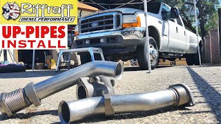 2001 F350 73  RiffRaff UpPipes Install  Stock up pipes leaking and falling apart JUNK SP [upl. by Sella]